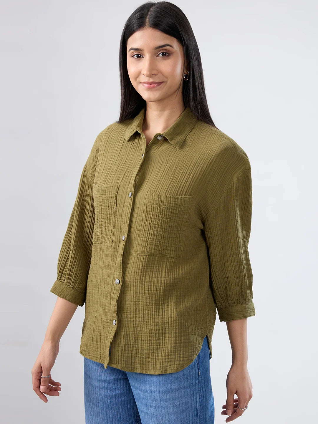 Women Shirt Solid Green Regular Fit