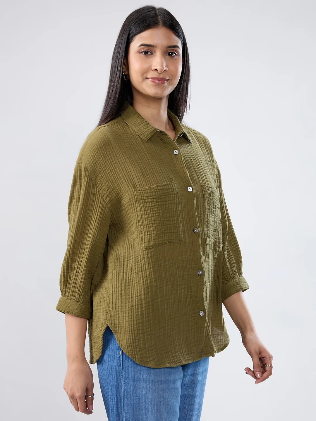 Women Shirt Solid Green Regular Fit