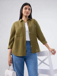 Women Shirt Solid Green Regular Fit
