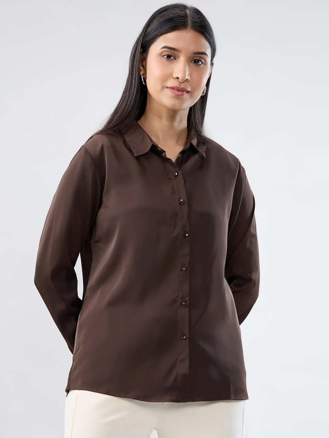 Women Shirt Solid Brown Regular Fit