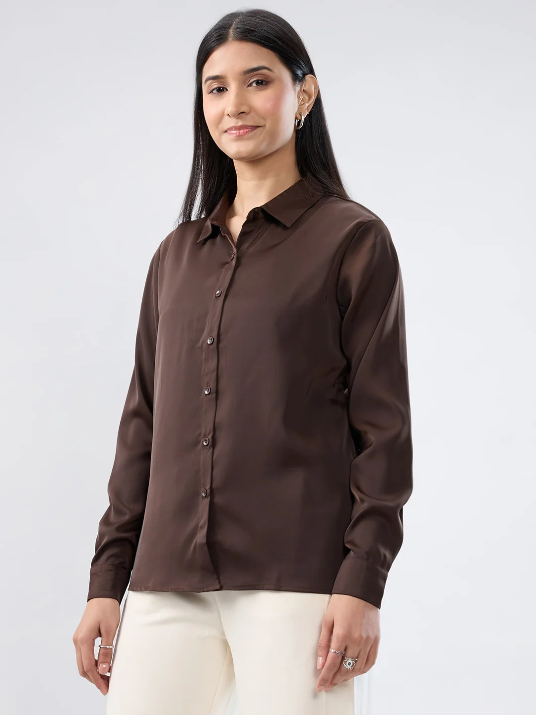Women Shirt Solid Brown Regular Fit