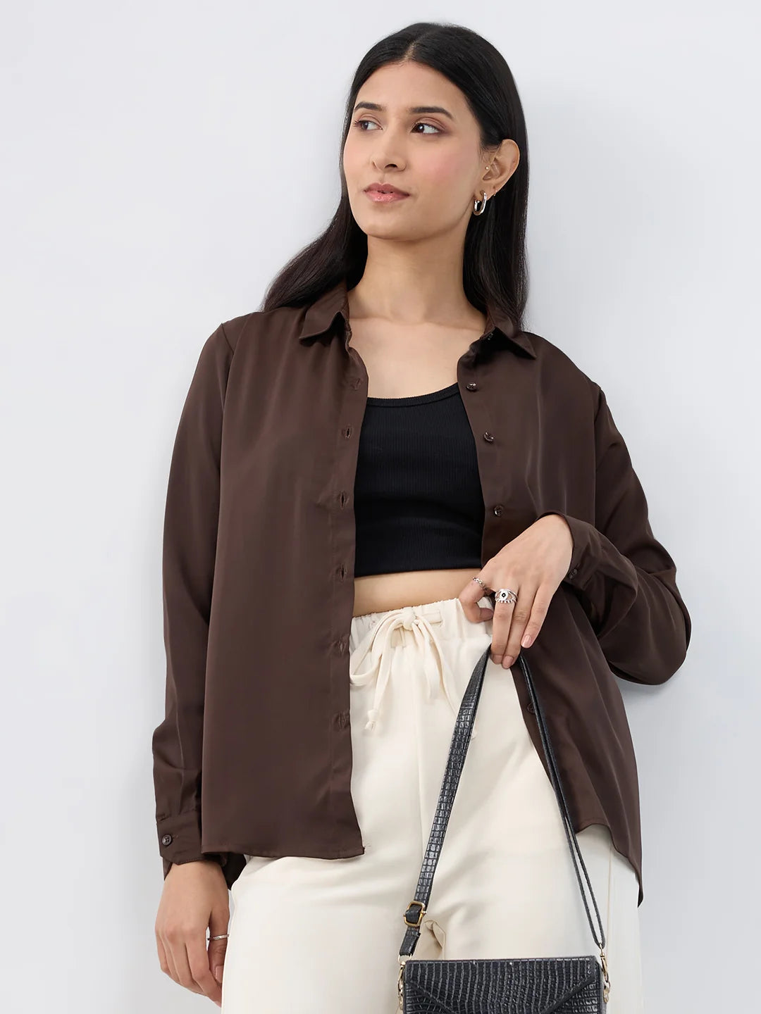 Women Shirt Solid Brown Regular Fit