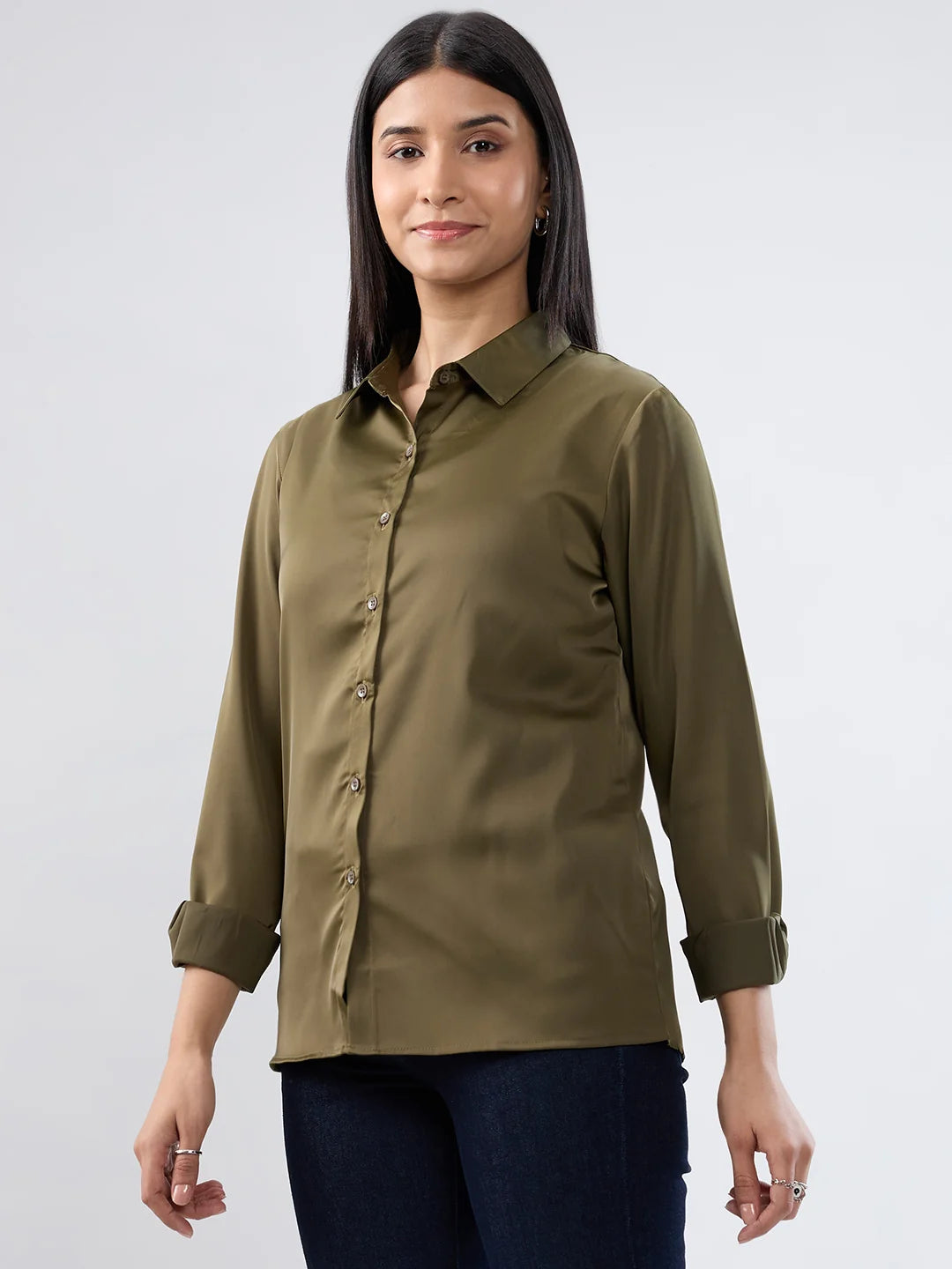 Women Shirt Solid Green Regular Fit