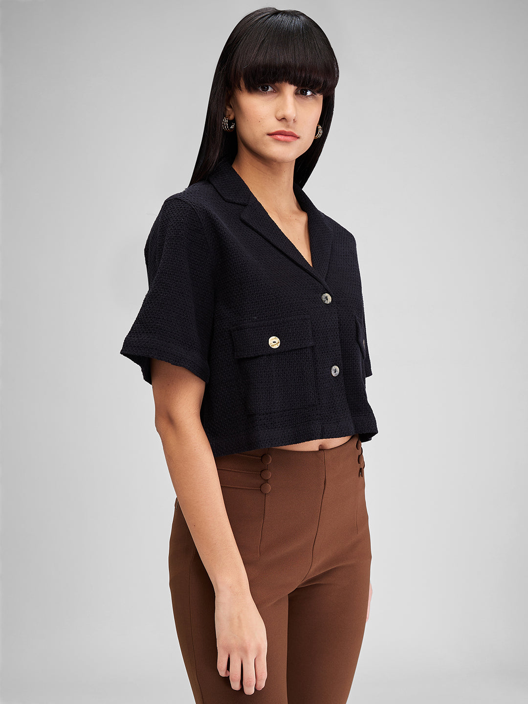 Women Shirt Solid Black Loose Fit