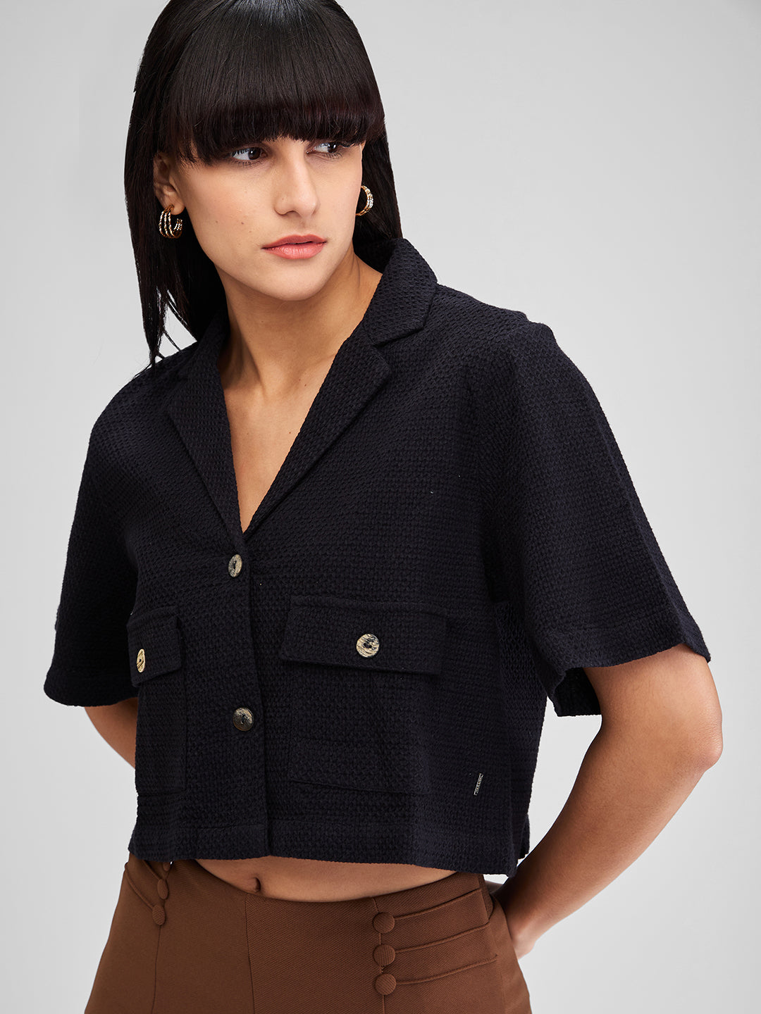 Women Shirt Solid Black Loose Fit