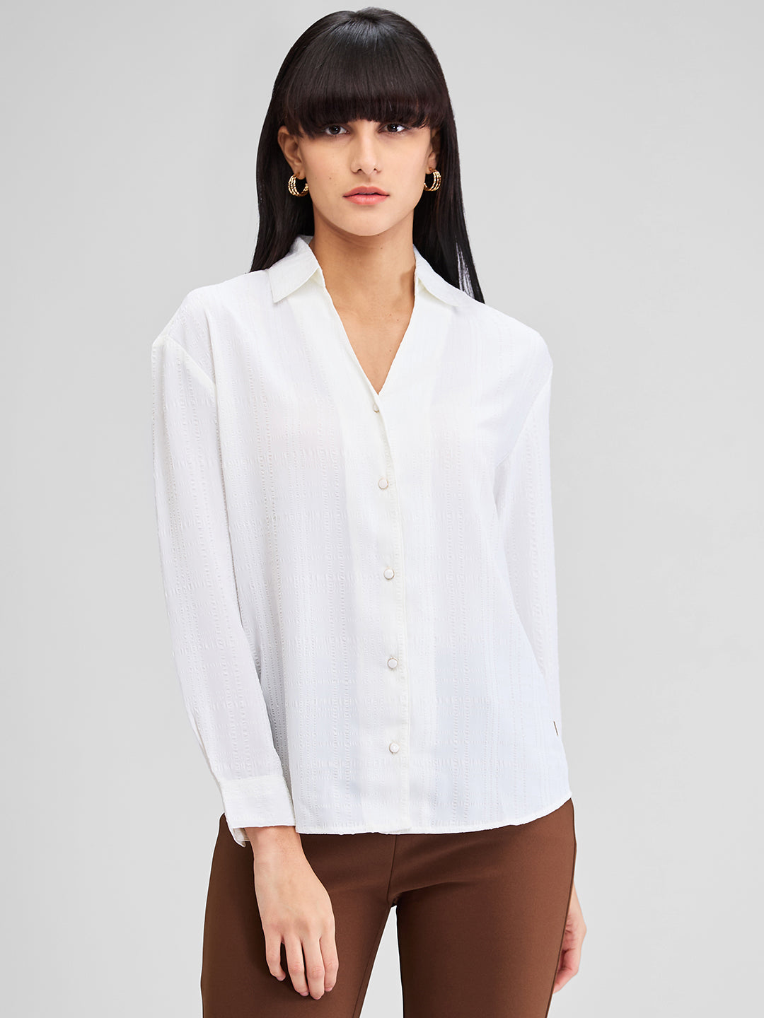 Spykar White Regular Fit Solid Full Sleeves Shirt For Women