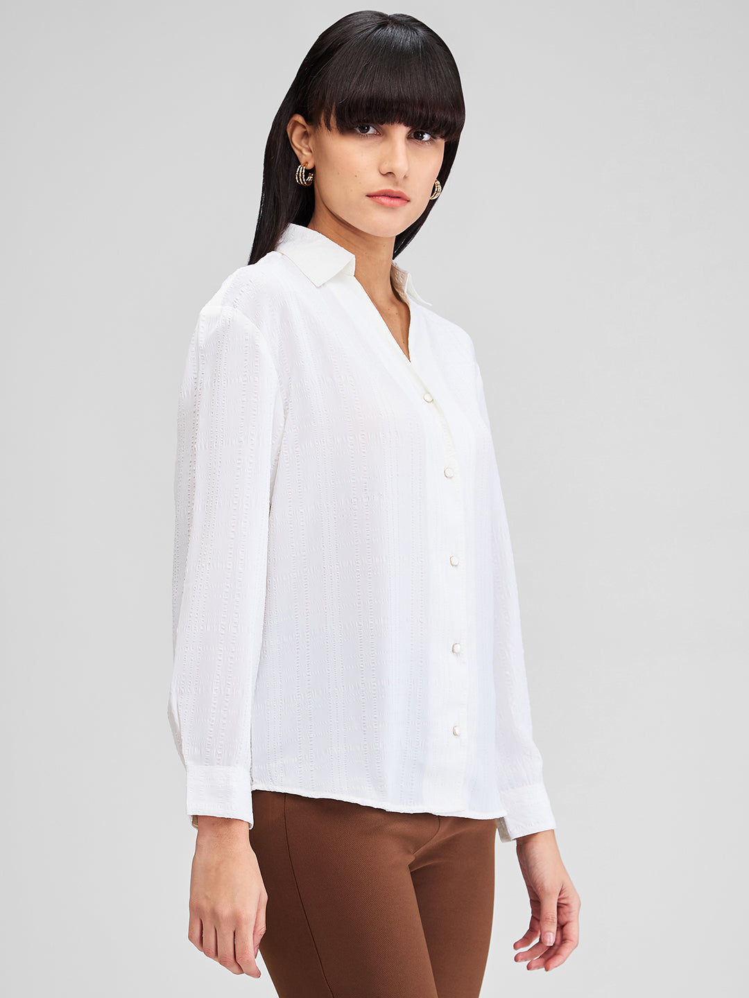 Spykar White Regular Fit Solid Full Sleeves Shirt For Women