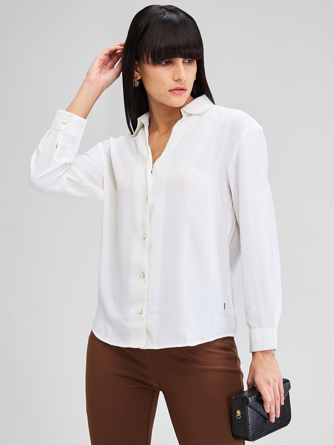 Spykar White Regular Fit Solid Full Sleeves Shirt For Women