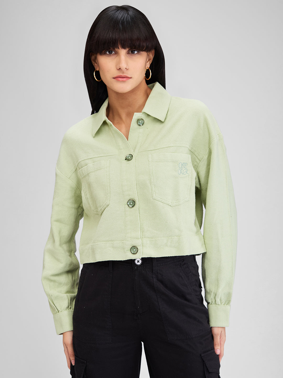 Spykar Green Boxy Fit Solid Full Sleeves Shirt For Women