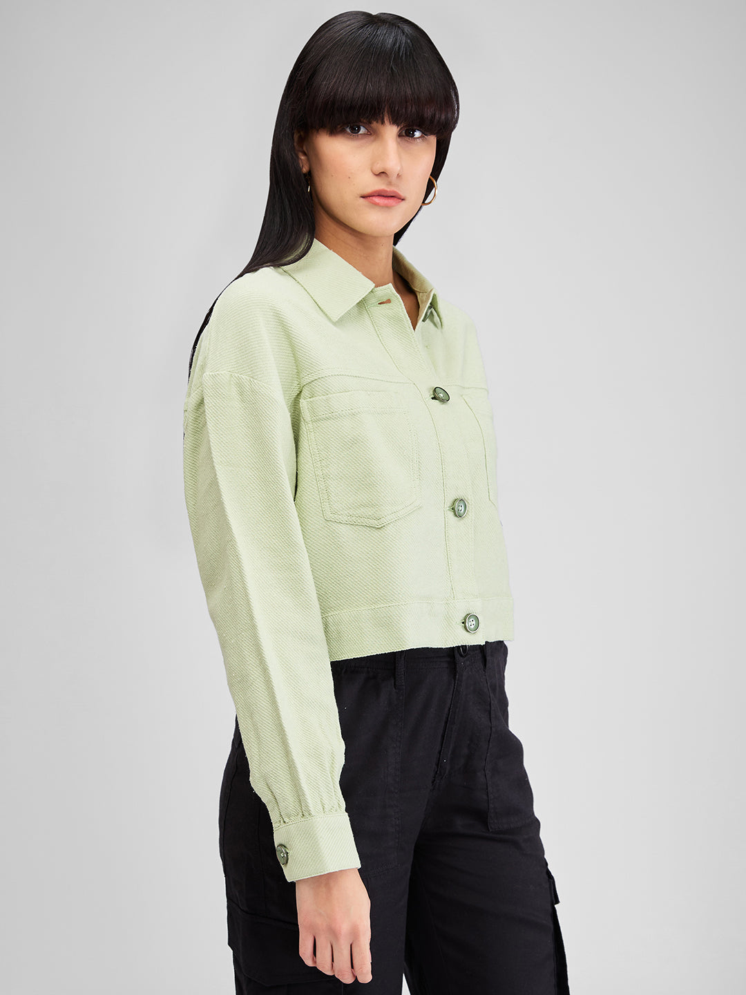 Spykar Green Boxy Fit Solid Full Sleeves Shirt For Women