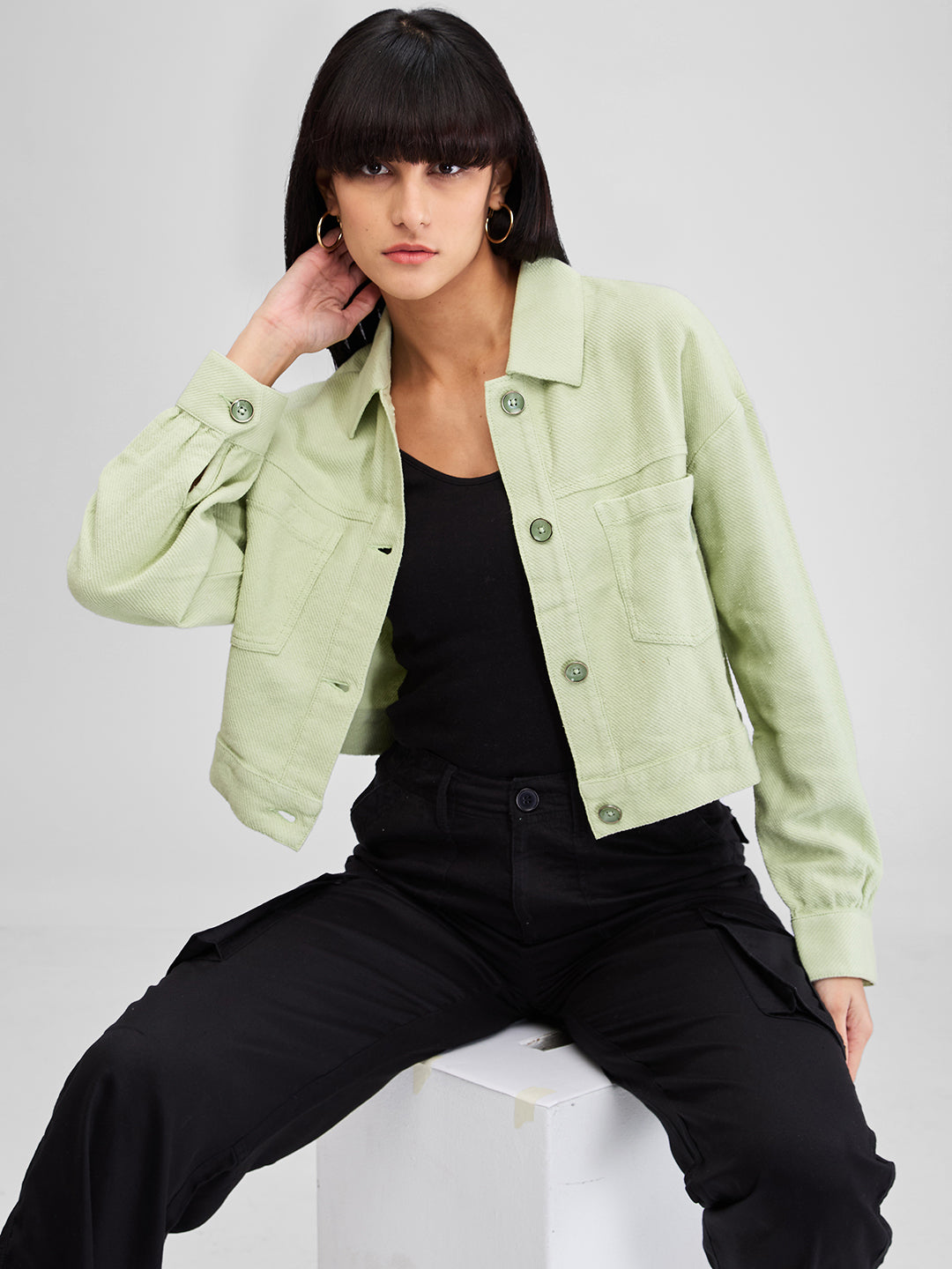 Spykar Green Boxy Fit Solid Full Sleeves Shirt For Women