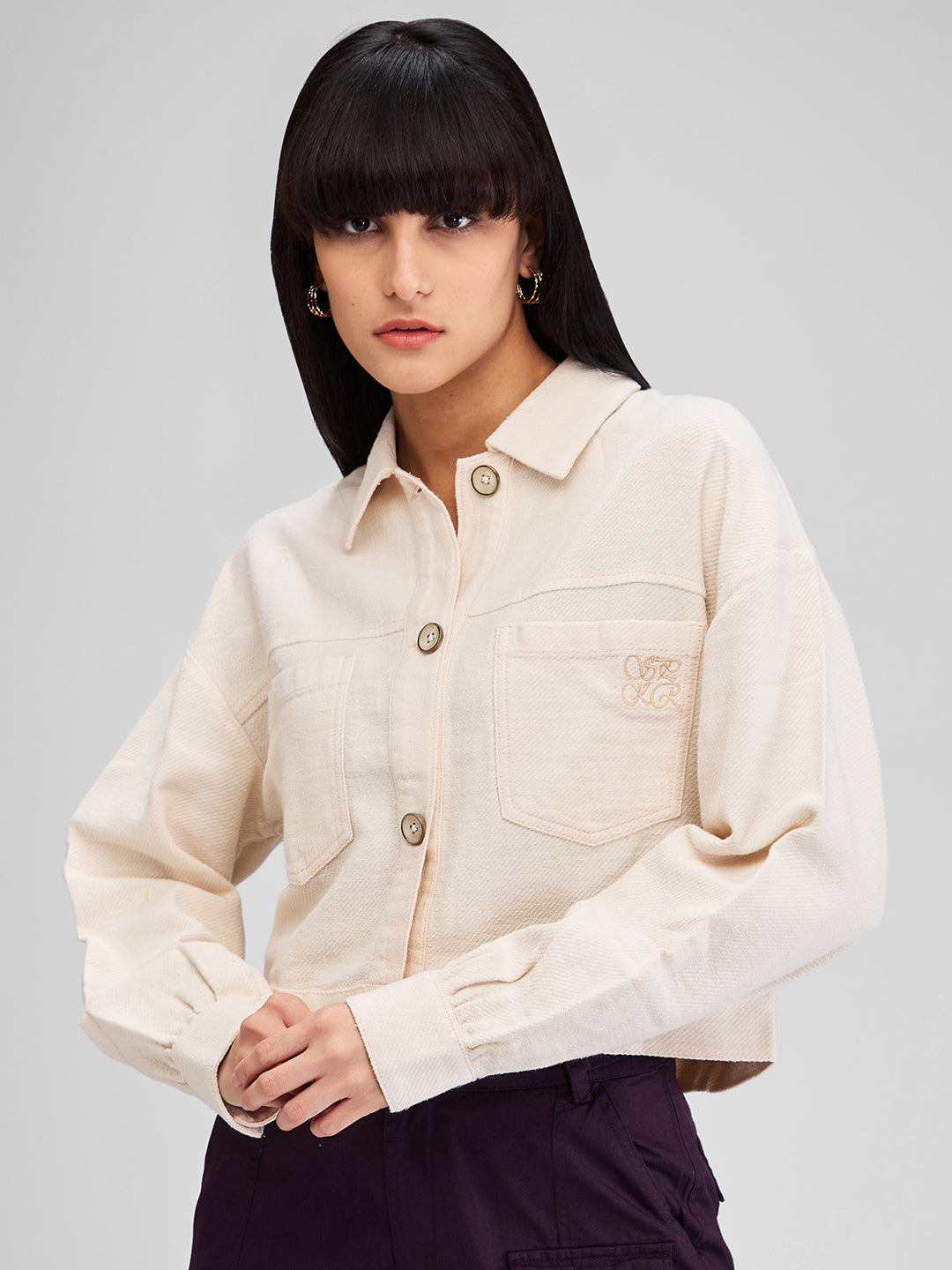 Spykar White Boxy Fit Solid Full Sleeves Shirt For Women