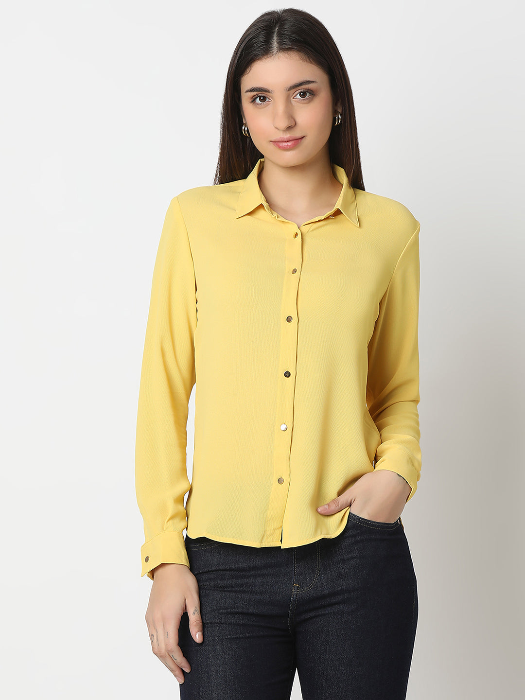 Spykar Powder Yellow Regular Fit Full Sleeve Shirt For Women