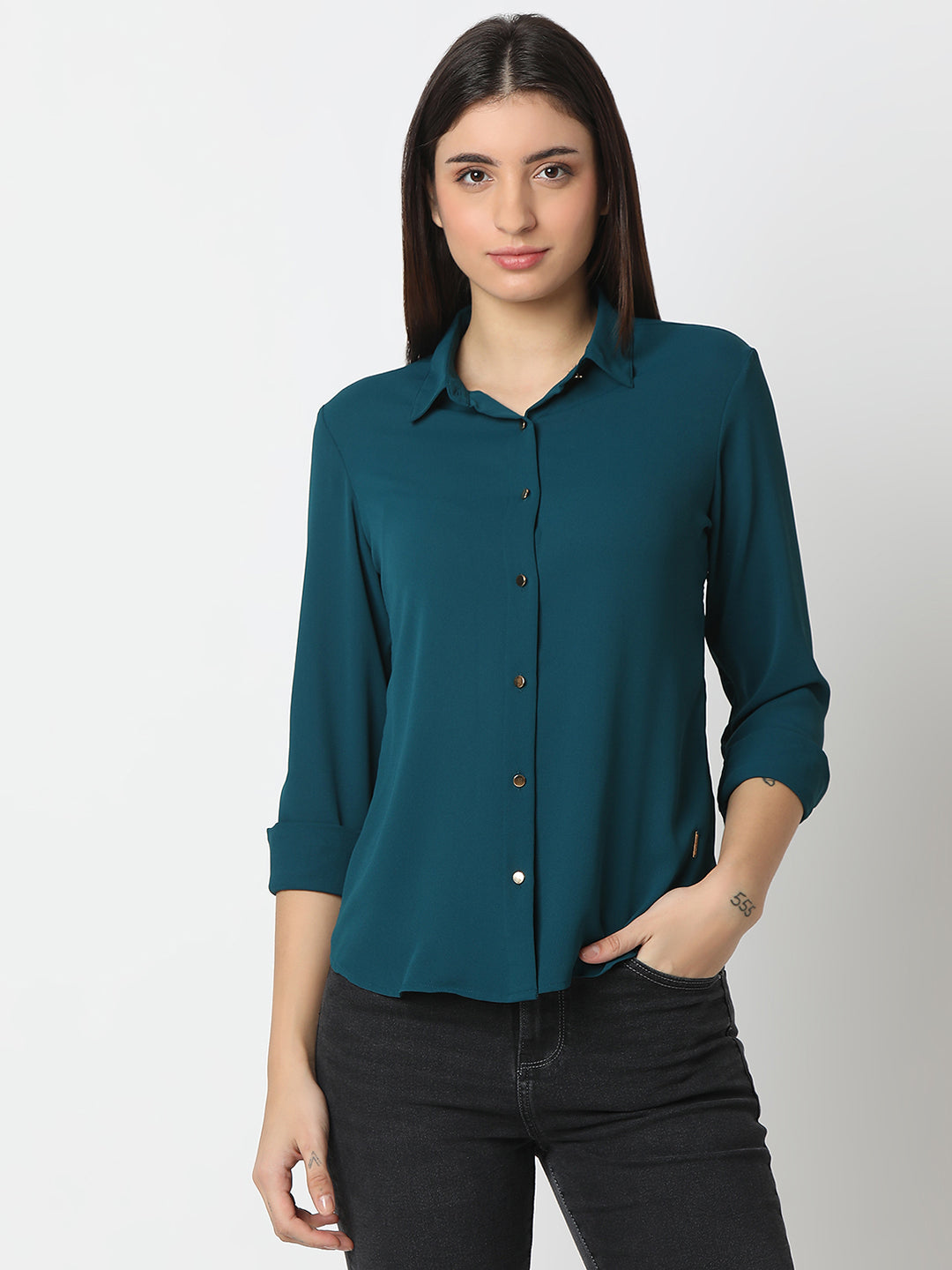 Spykar Teal Blue Regular Fit Full Sleeves Shirt For Women