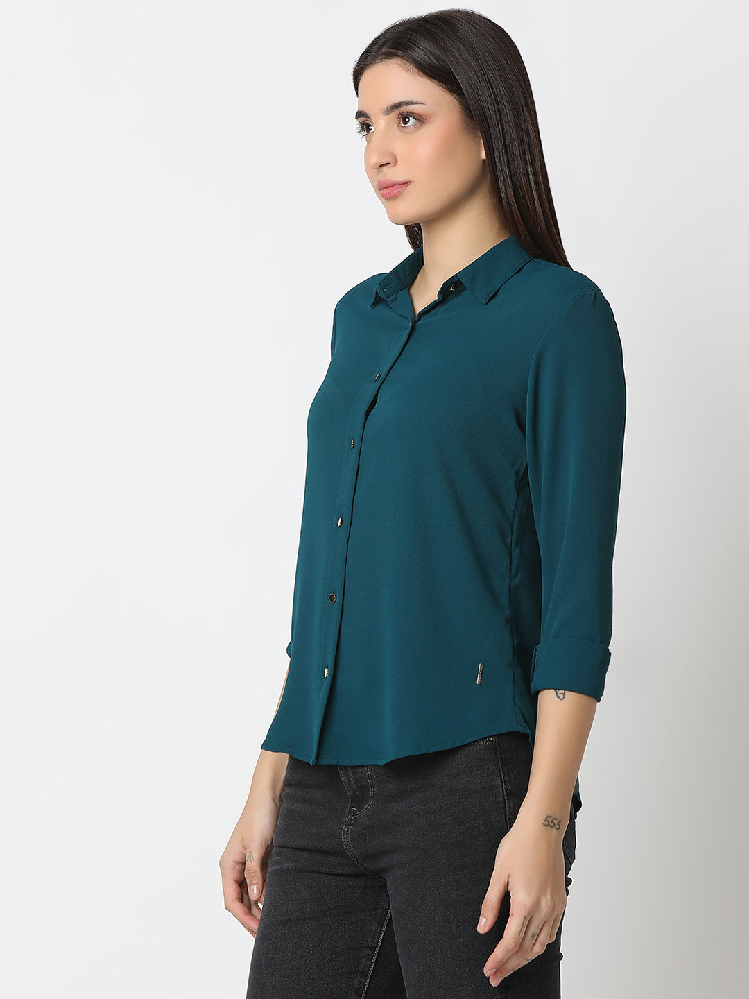 Spykar Teal Blue Regular Fit Full Sleeves Shirt For Women