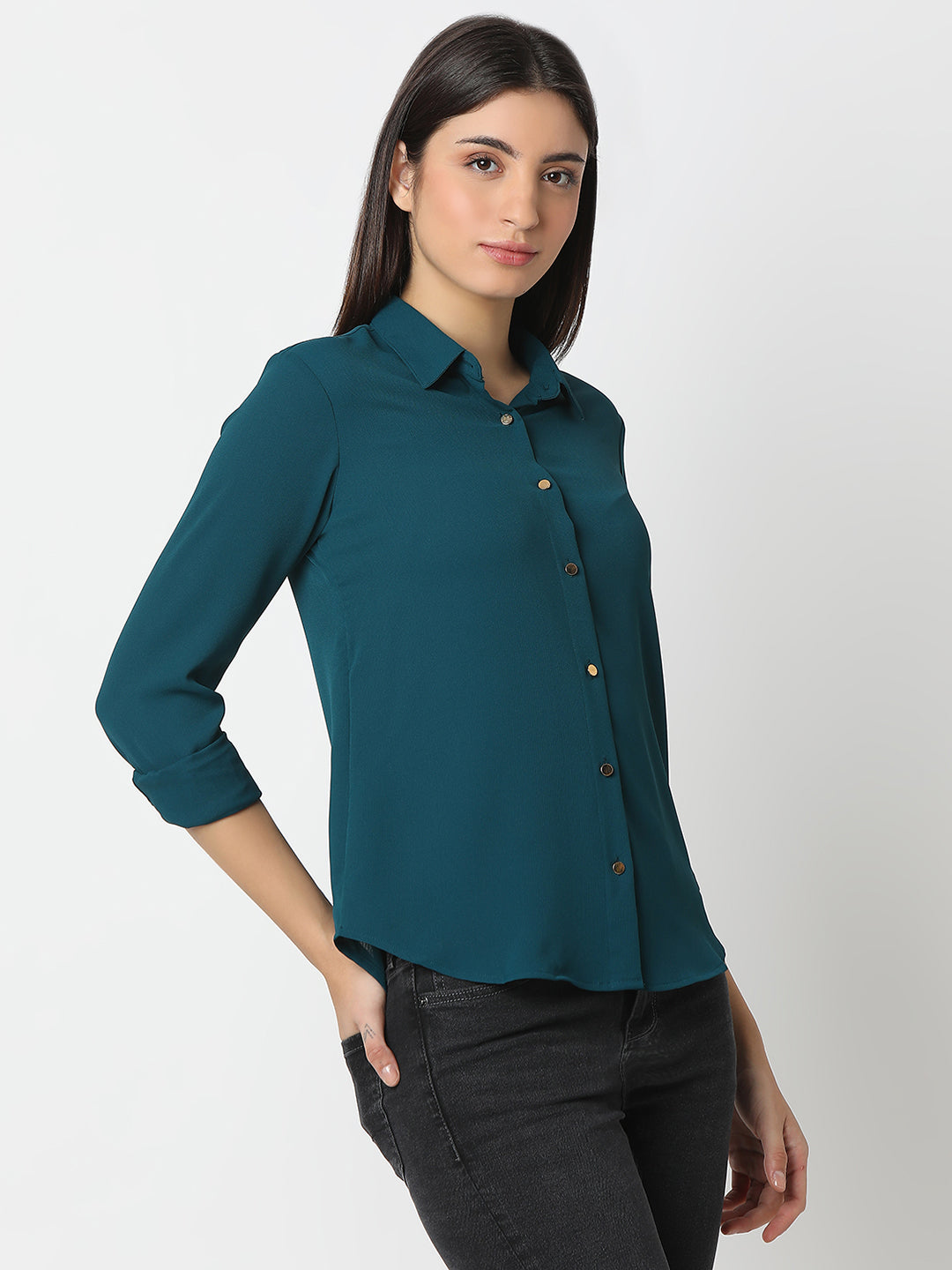 Spykar Teal Blue Regular Fit Full Sleeves Shirt For Women