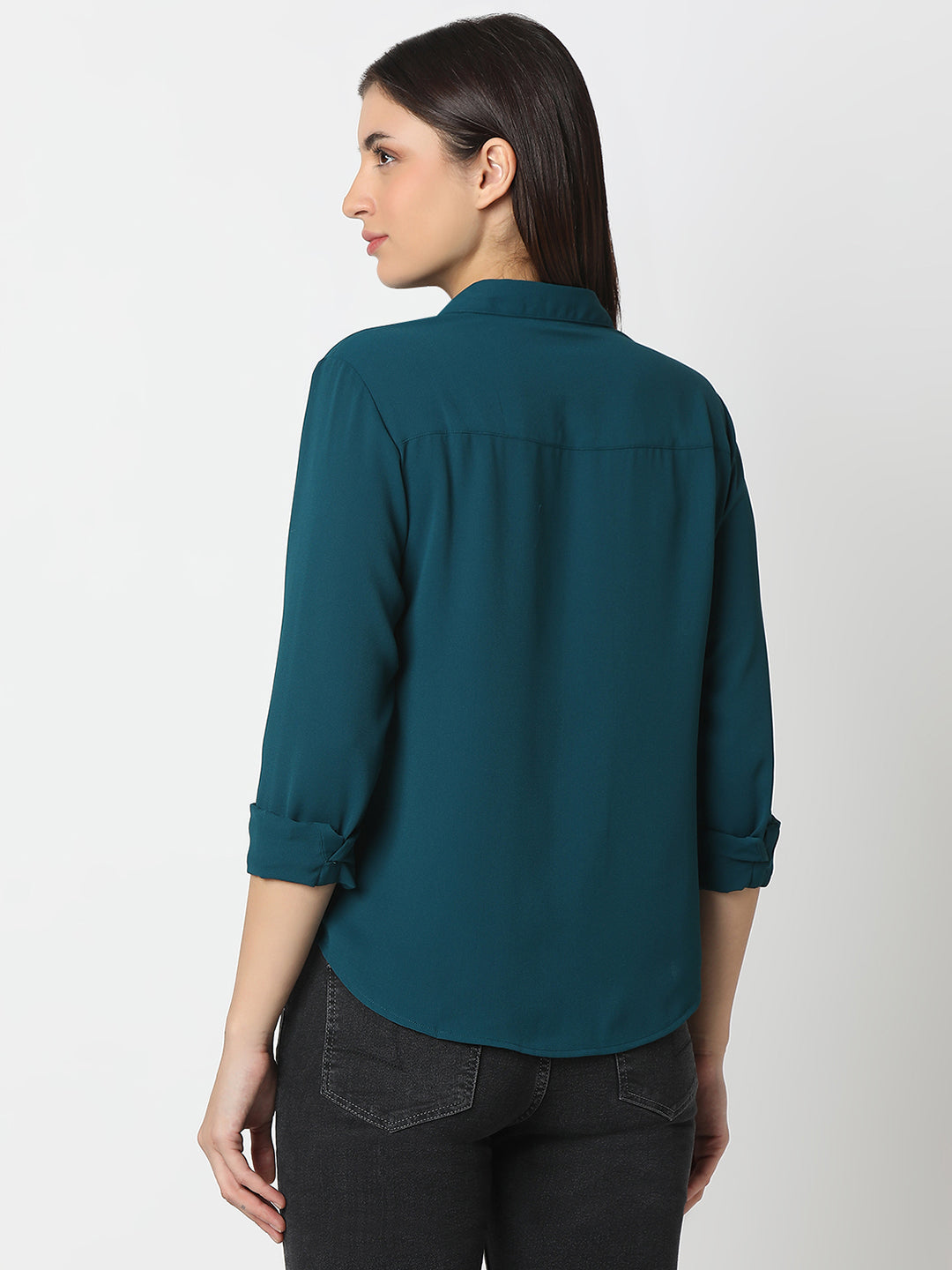 Spykar Teal Blue Regular Fit Full Sleeves Shirt For Women