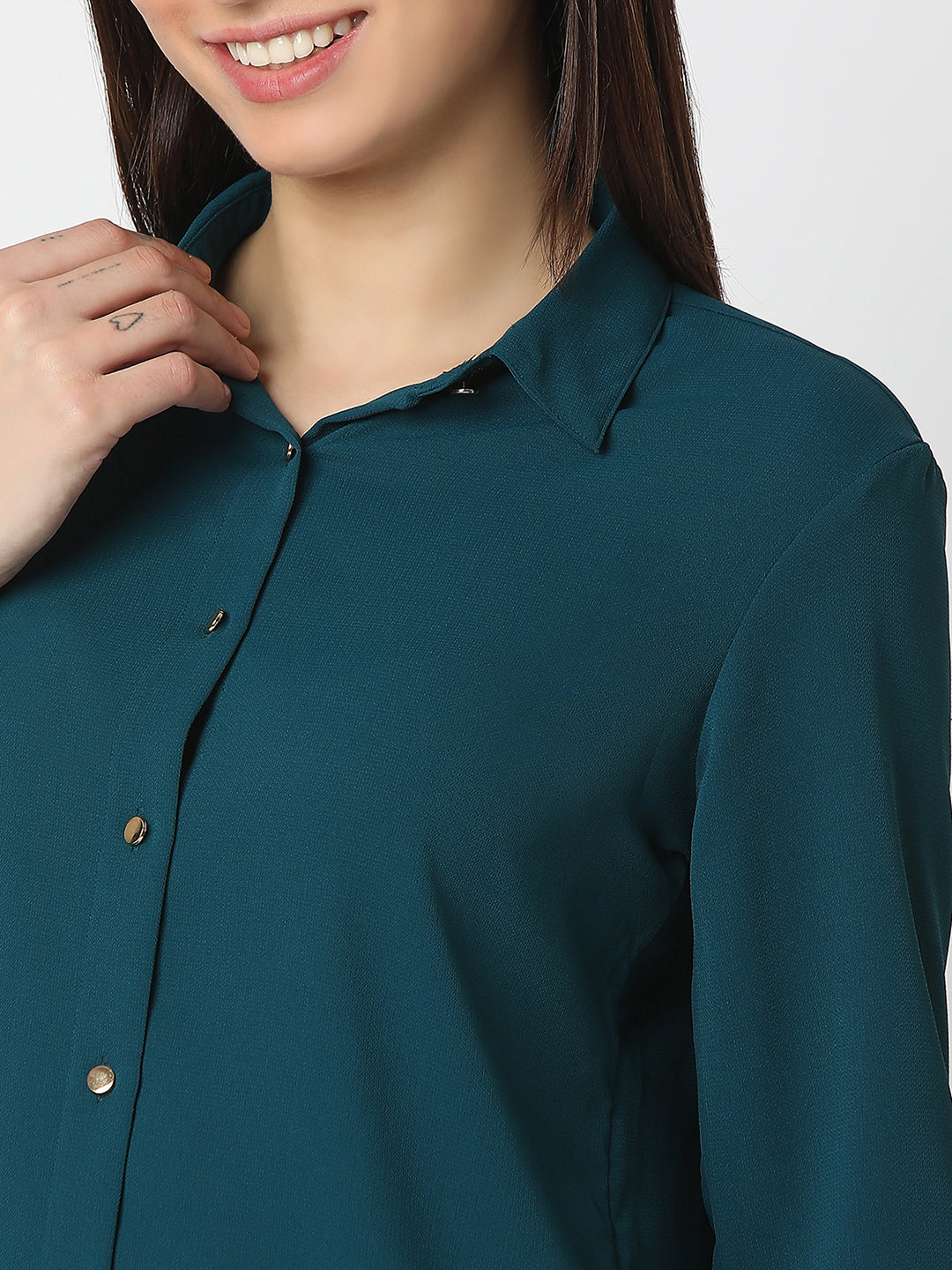 Spykar Teal Blue Regular Fit Full Sleeves Shirt For Women