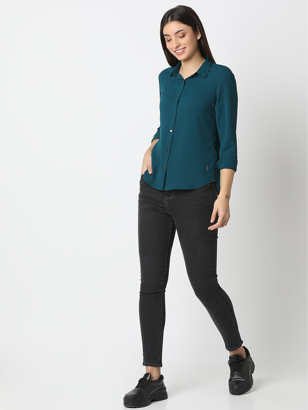 Spykar Teal Blue Regular Fit Full Sleeves Shirt For Women