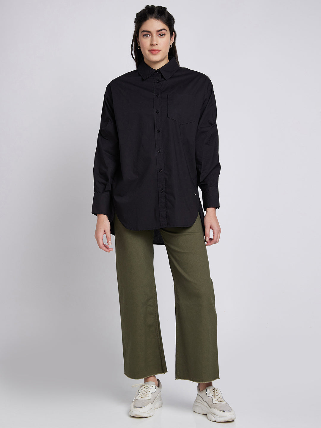 Women Shirt Solid Black Oversize Fit