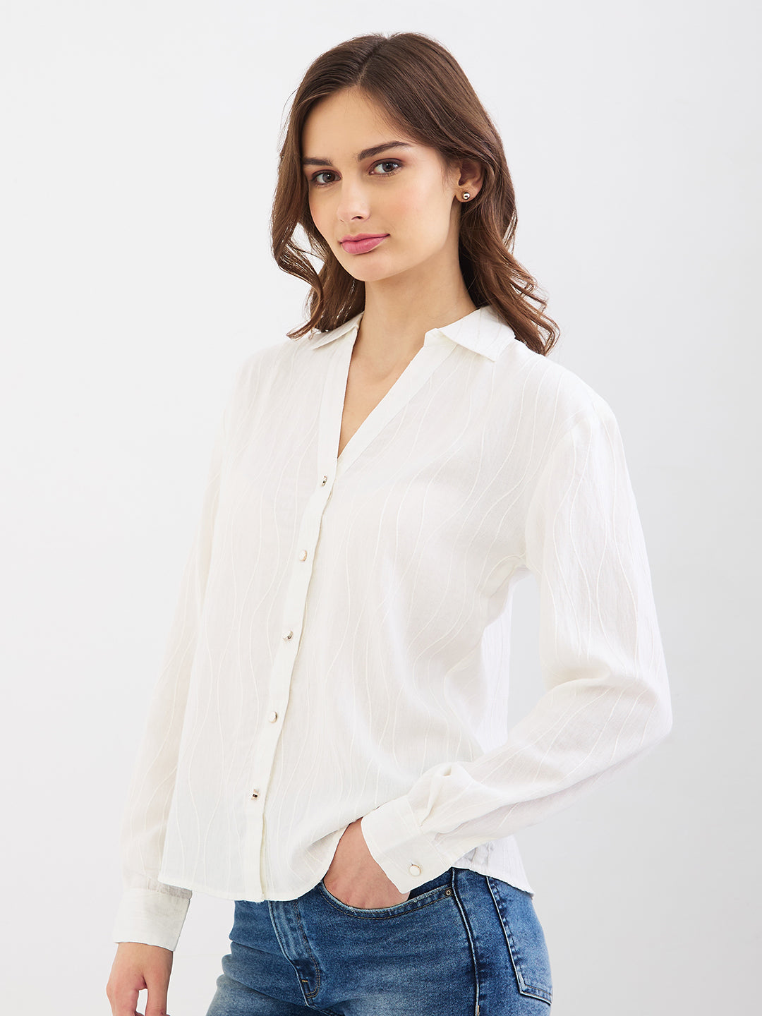 Spykar Off White Regular Fit Casual Shirts For Women