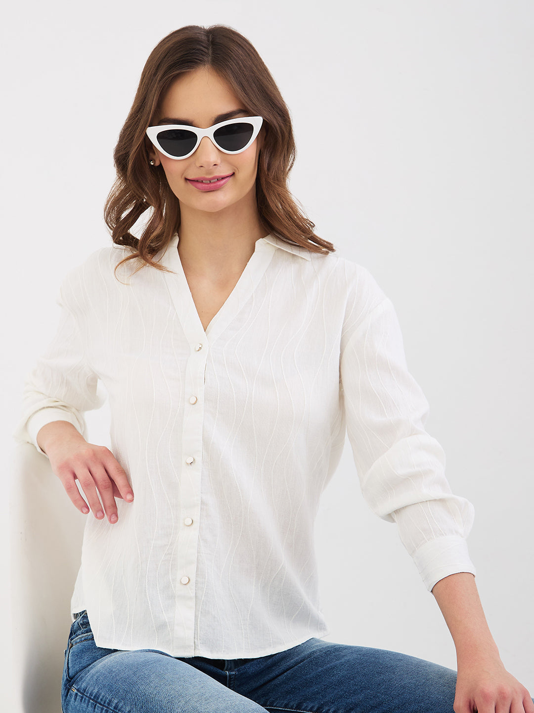 Spykar Off White Regular Fit Casual Shirts For Women