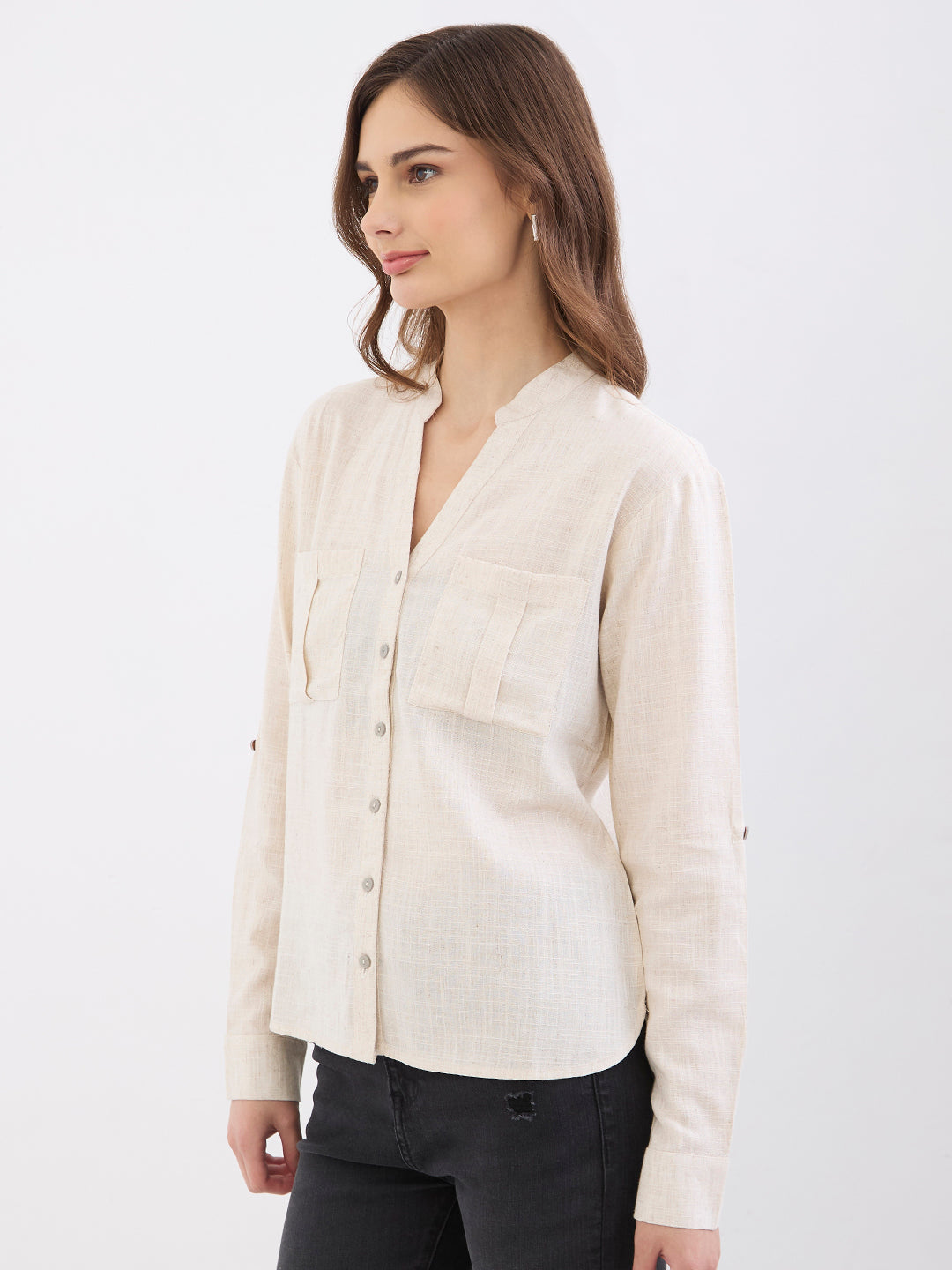 Spykar Ecru Loose Fit Casual Shirts For Women
