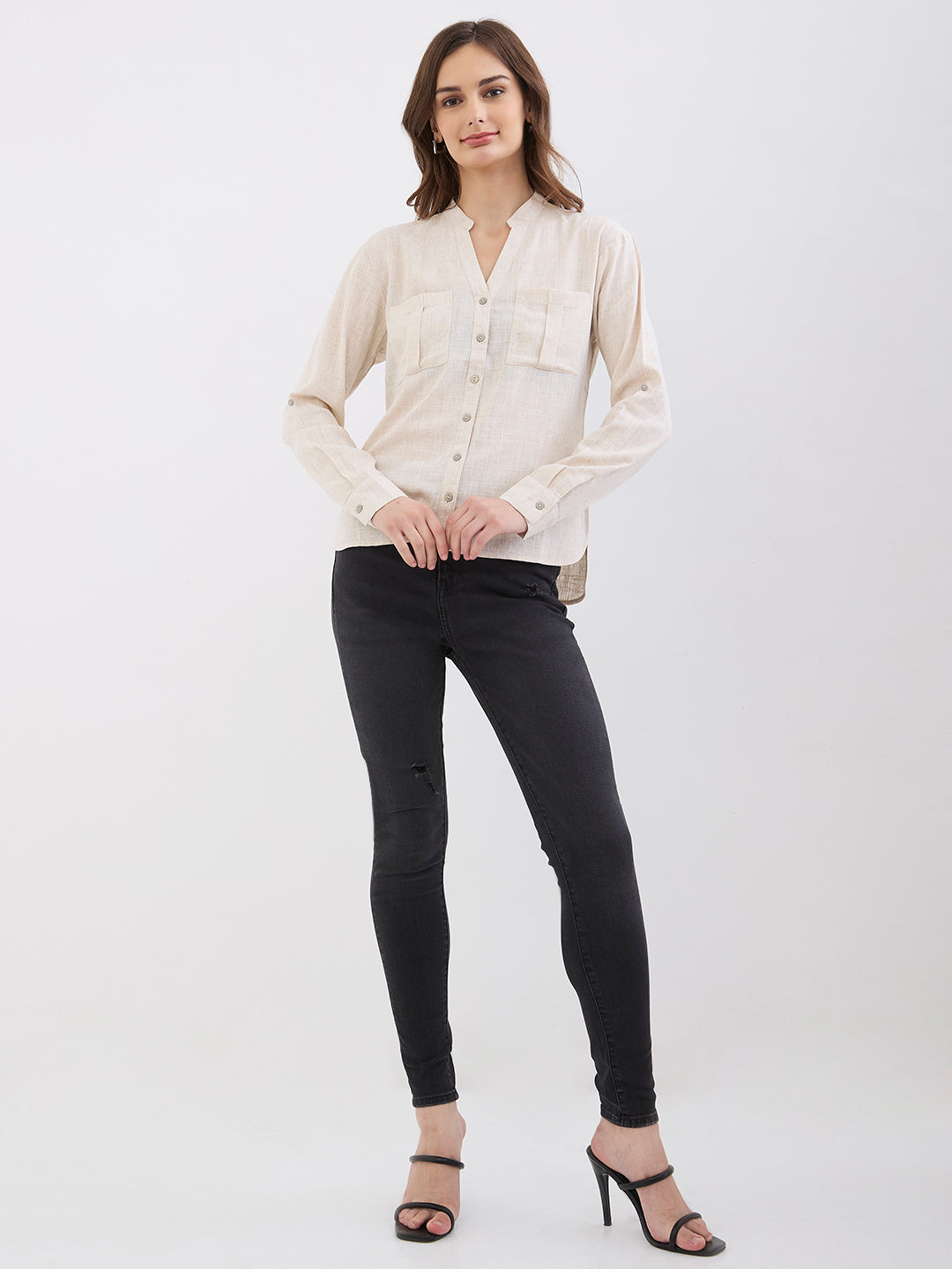 Spykar Ecru Loose Fit Casual Shirts For Women
