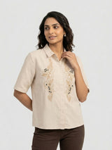 Women Shirt Solid Beige Regular Fit