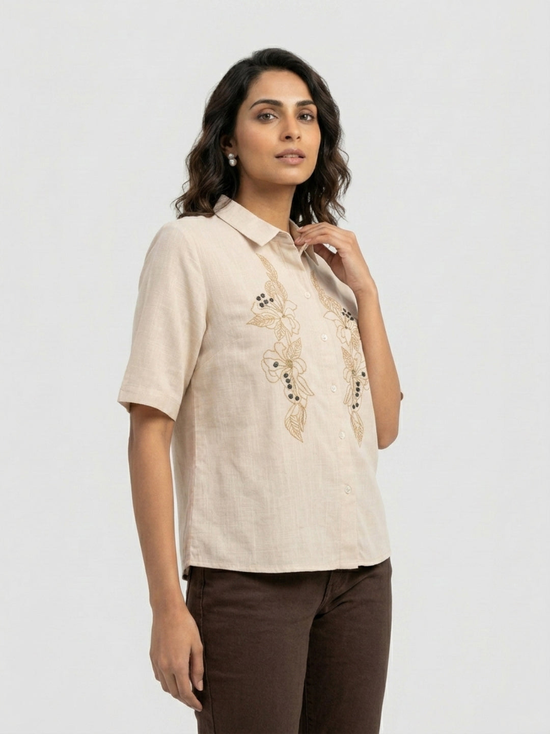 Women Shirt Solid Beige Regular Fit