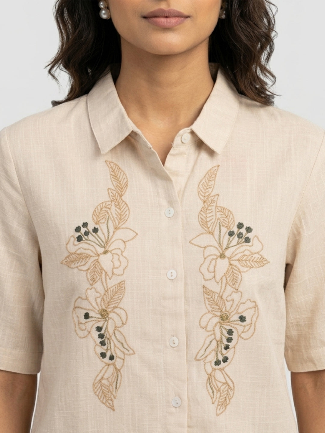 Women Shirt Solid Beige Regular Fit