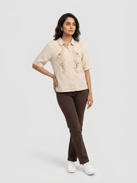 Women Shirt Solid Beige Regular Fit
