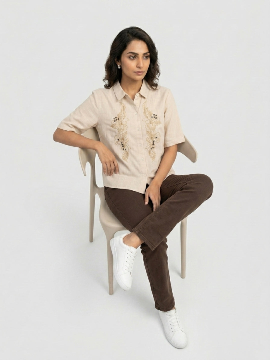 Women Shirt Solid Beige Regular Fit