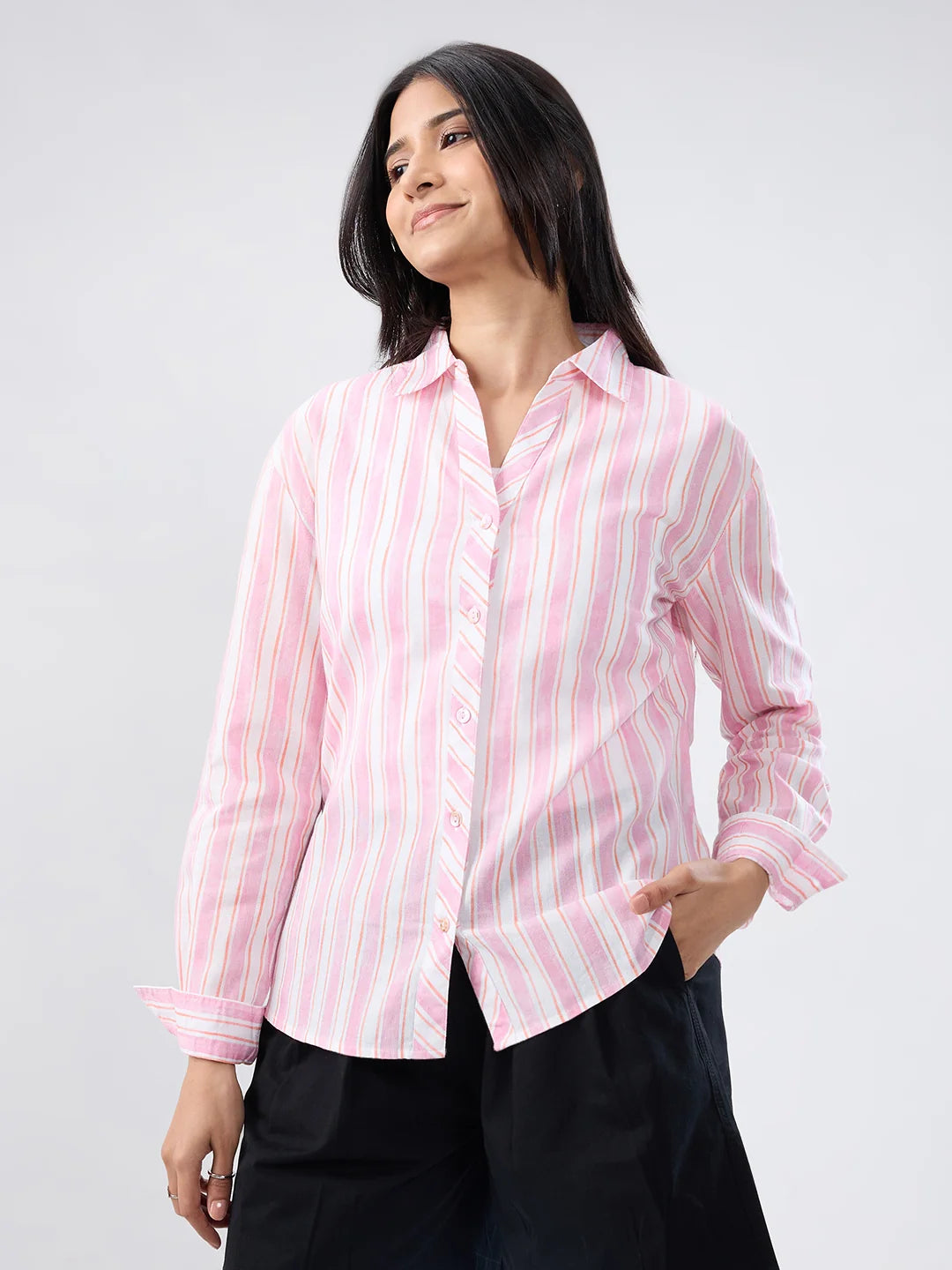 Women Shirt Stripe Pink Regular Fit