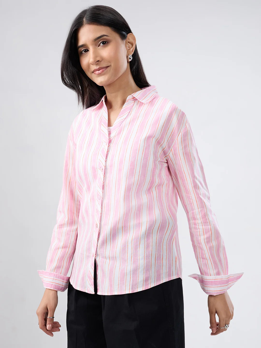 Women Shirt Stripe Pink Regular Fit