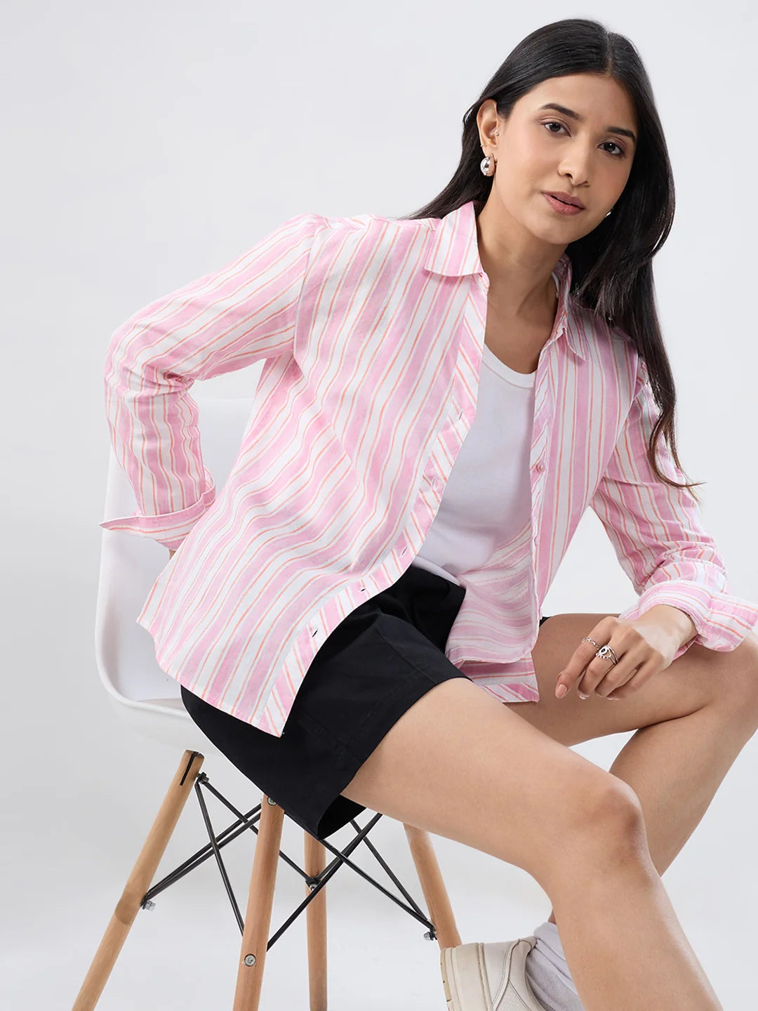 Women Shirt Stripe Pink Regular Fit