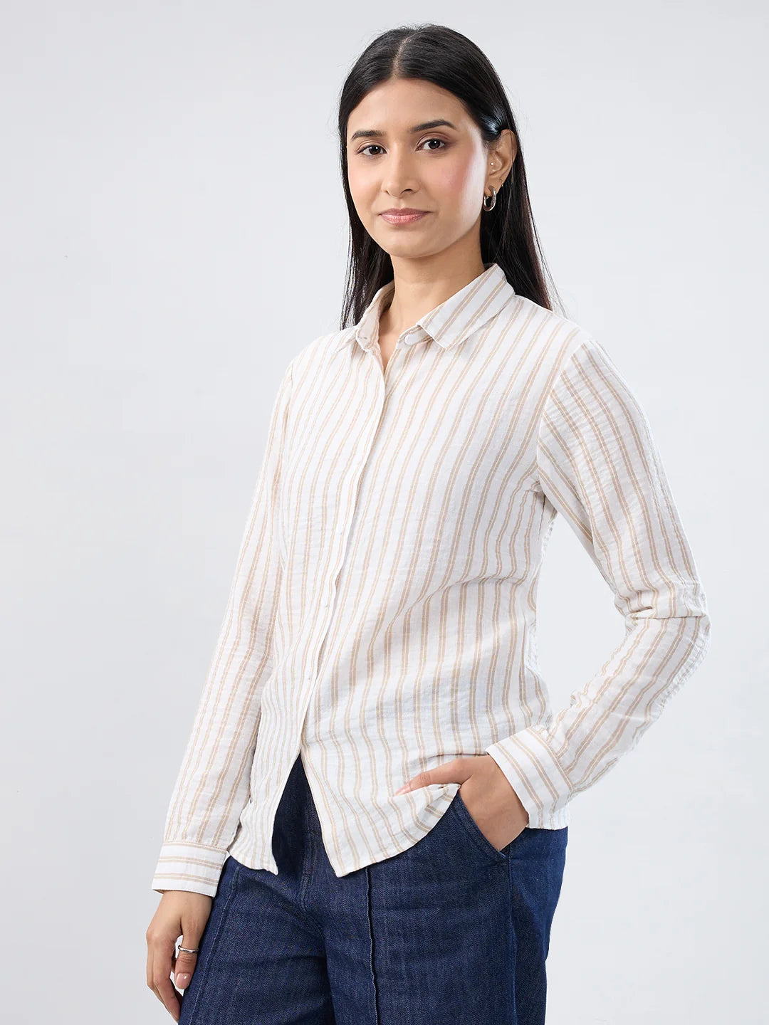 Women Shirt Off White Stripe Regular Fit