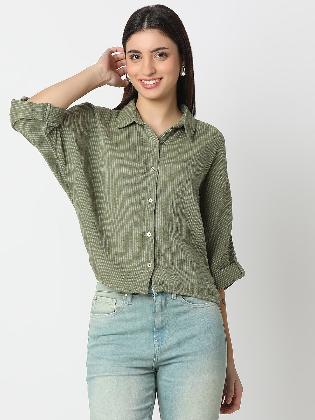 Spykar Olive/Black Boxy Fit Full Sleeves Shirt For Women