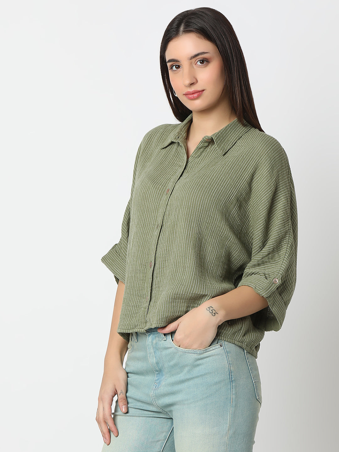 Spykar Olive/Black Boxy Fit Full Sleeves Shirt For Women