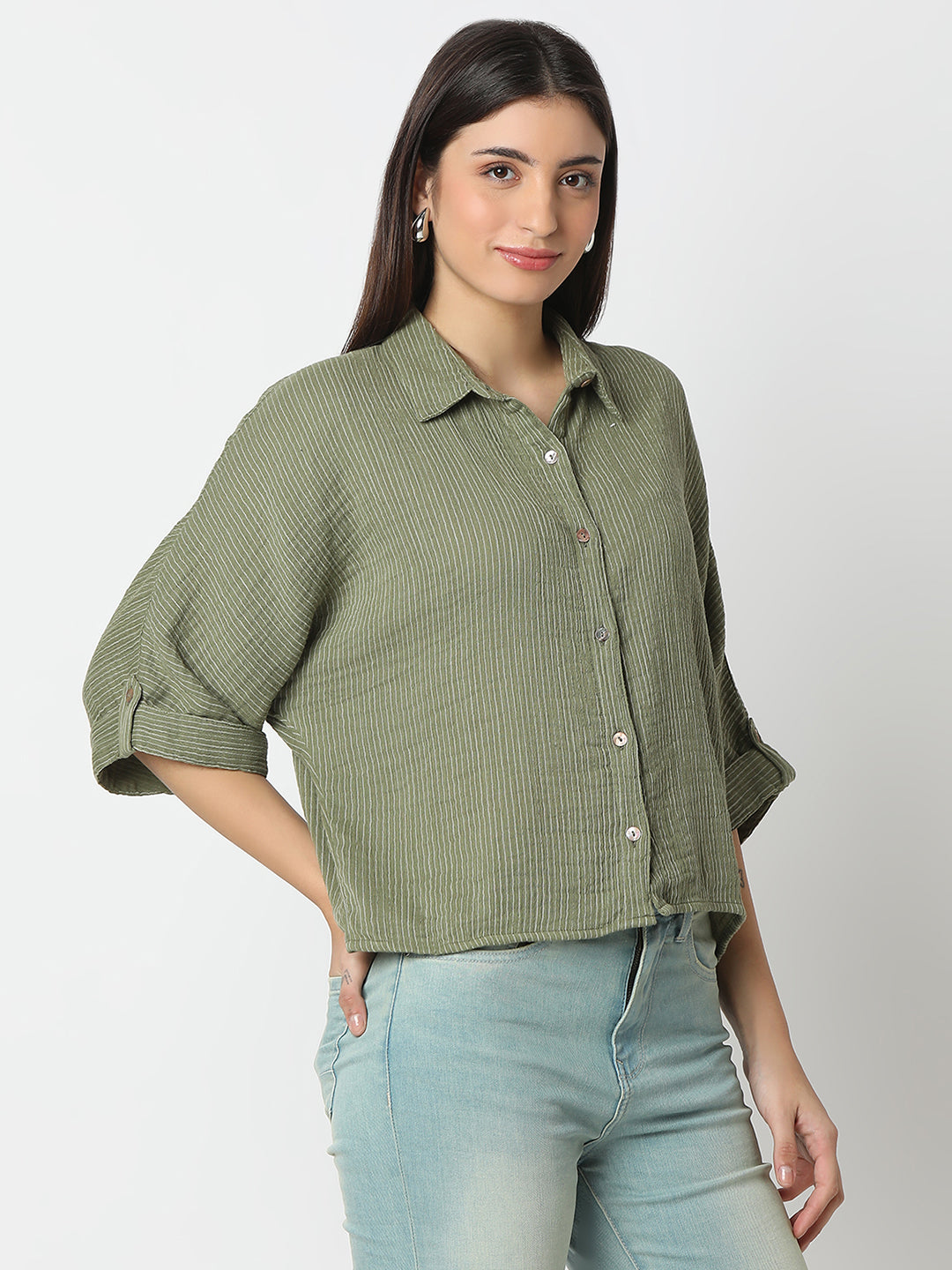 Spykar Olive/Black Boxy Fit Full Sleeves Shirt For Women