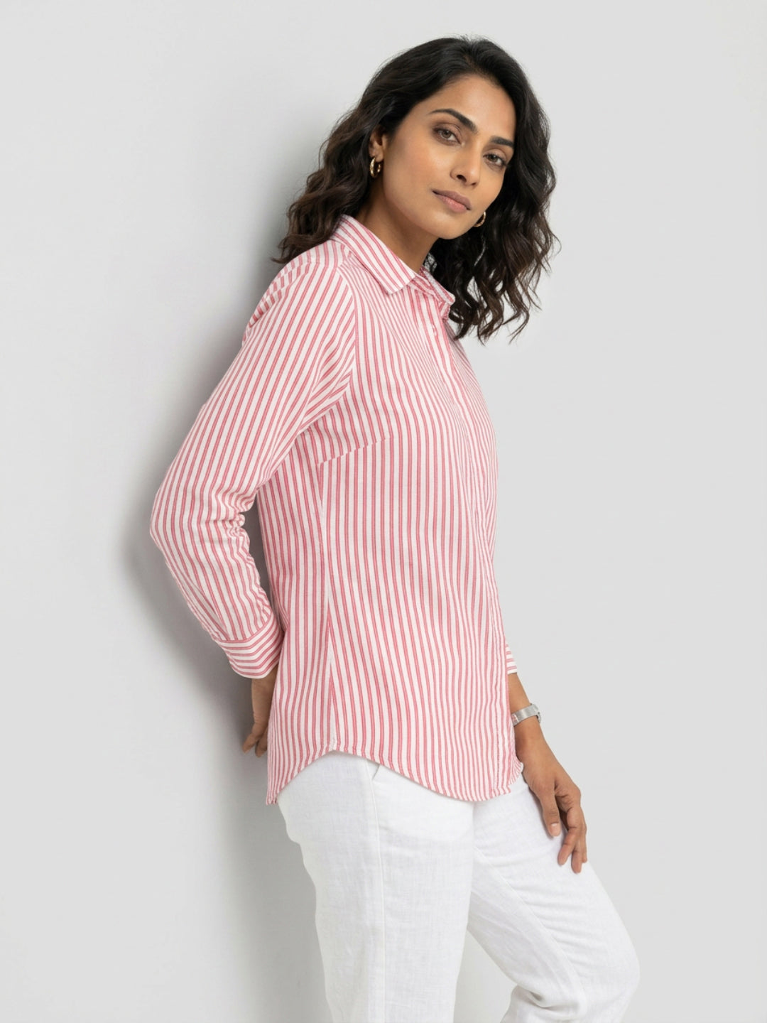 Women Shirt Stripe Red Regular Fit