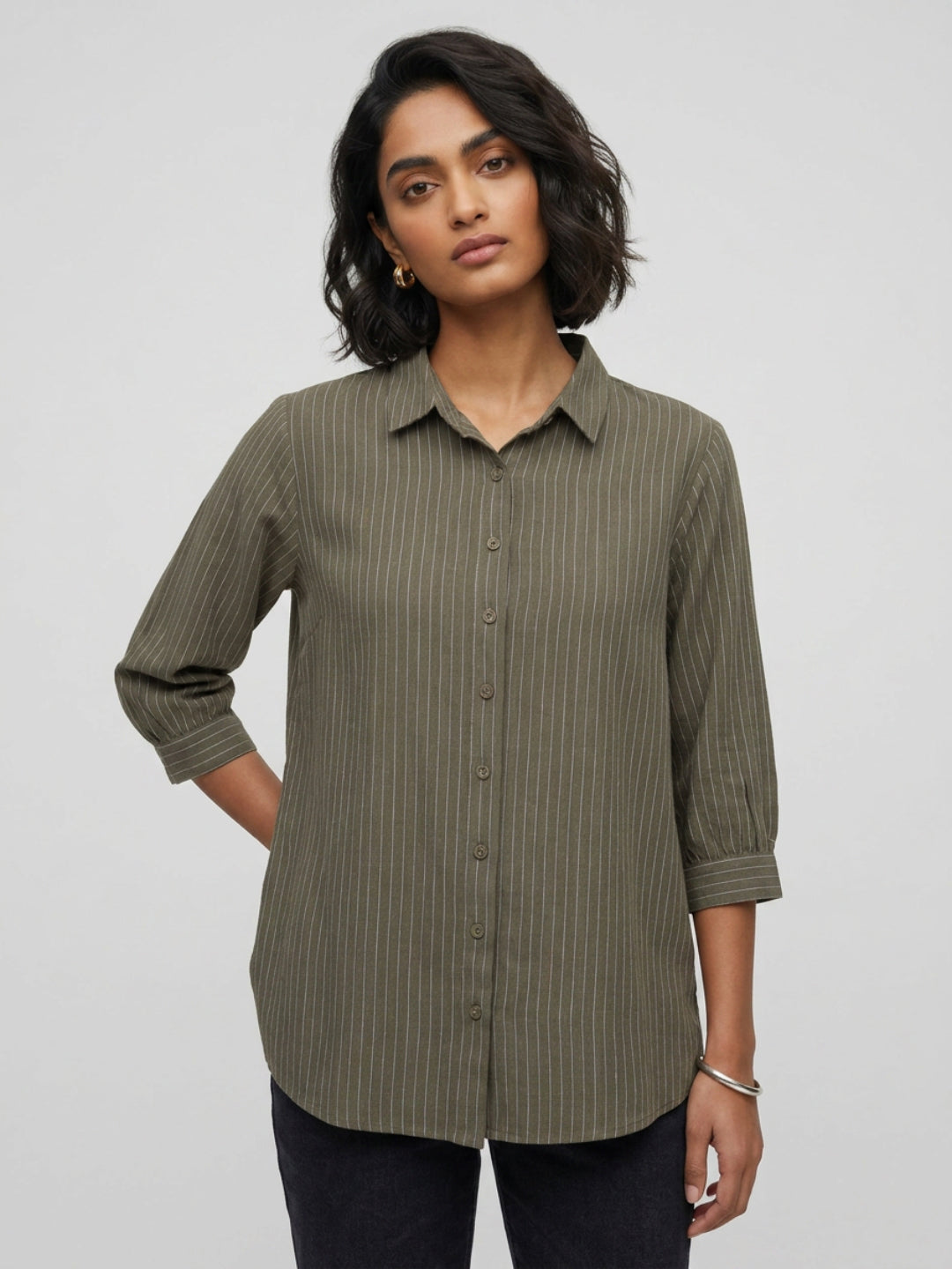 Women Shirt Stripe Green Relaxed Fit