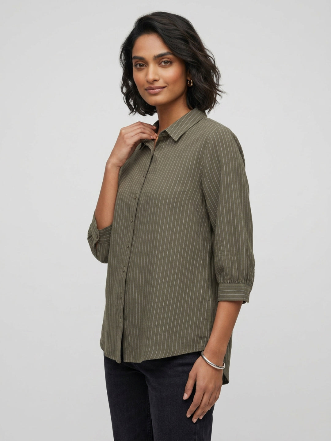 Women Shirt Stripe Green Relaxed Fit