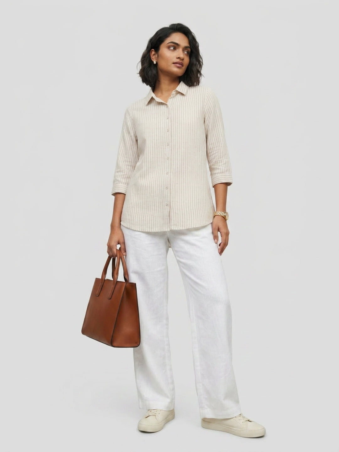 Women Shirt Stripe White Relaxed Fit
