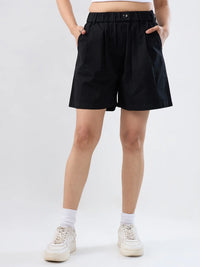 Women Shorts Black Relaxed Fit Mid Rise