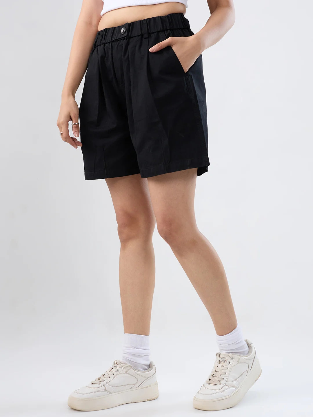 Women Shorts Black Relaxed Fit Mid Rise