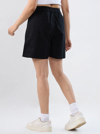Women Shorts Black Relaxed Fit Mid Rise