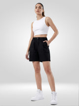Women Shorts Black Relaxed Fit Mid Rise