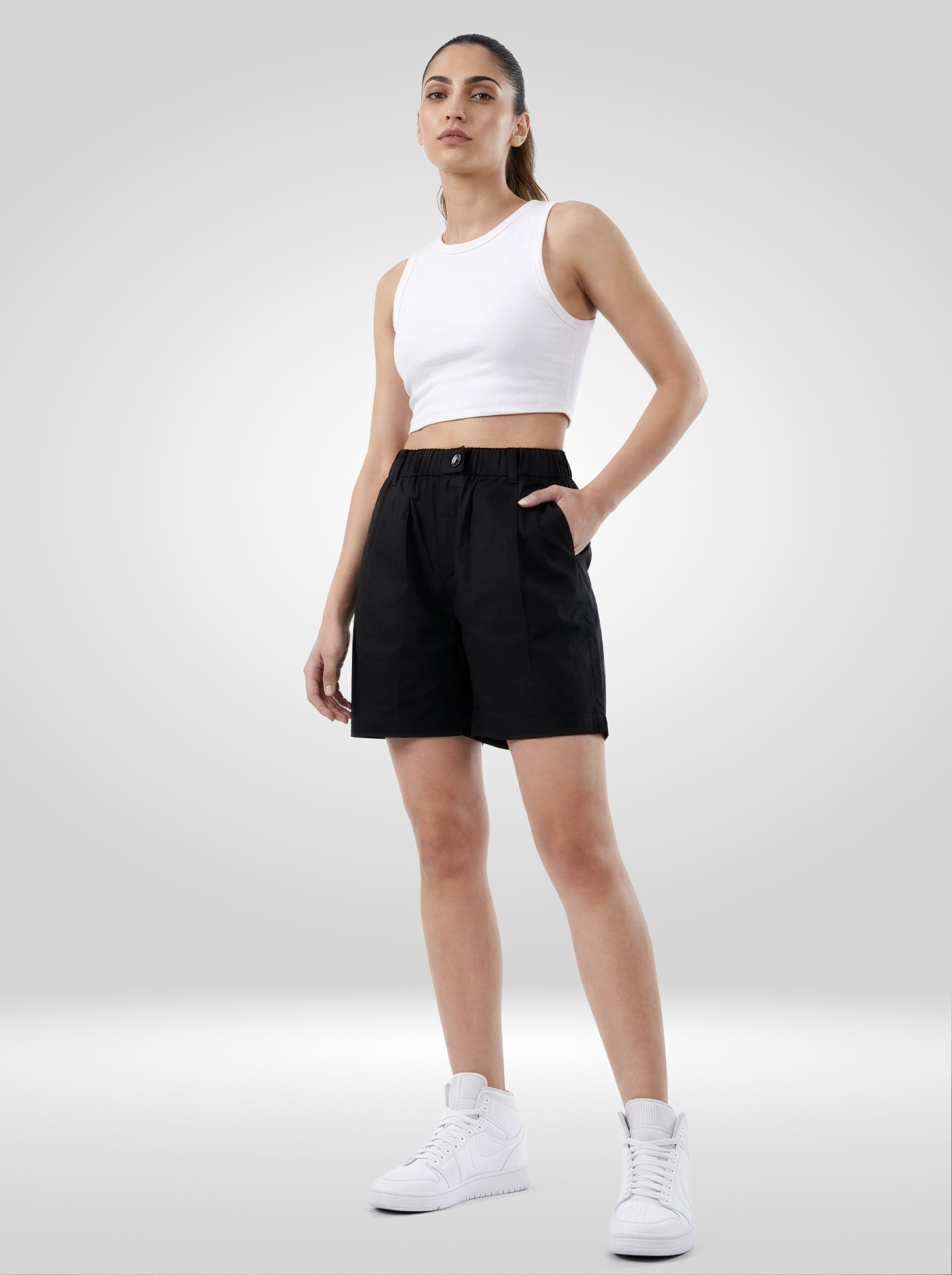 Women Shorts Black Relaxed Fit Mid Rise