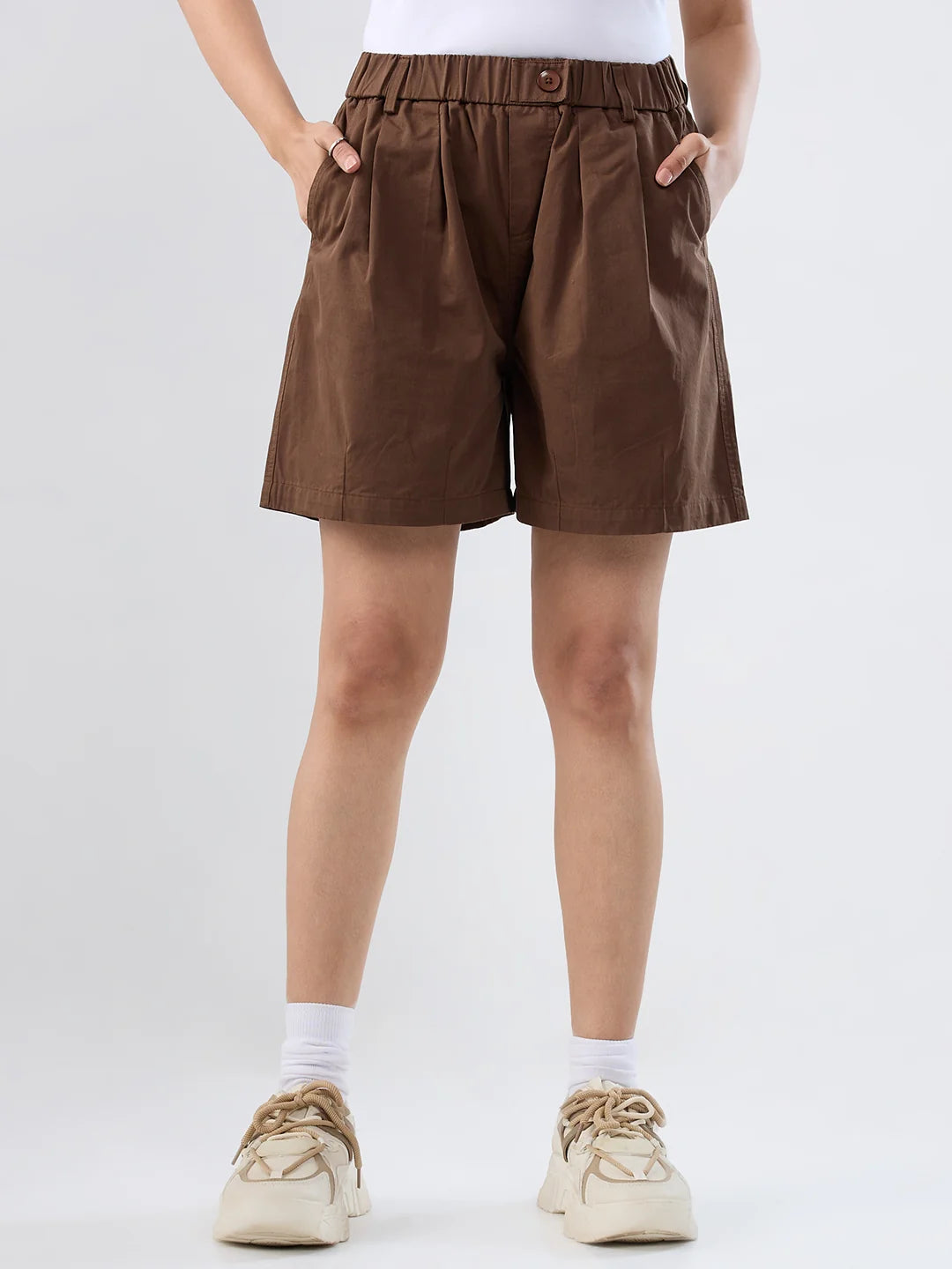 Women Shorts Brown Relaxed Fit Mid Rise